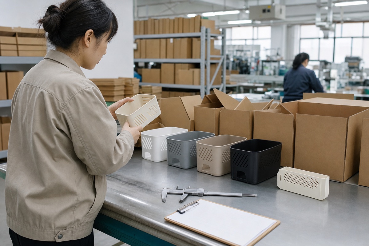 Procurement professional checking unbranded product variations in a Chinese factory workshop