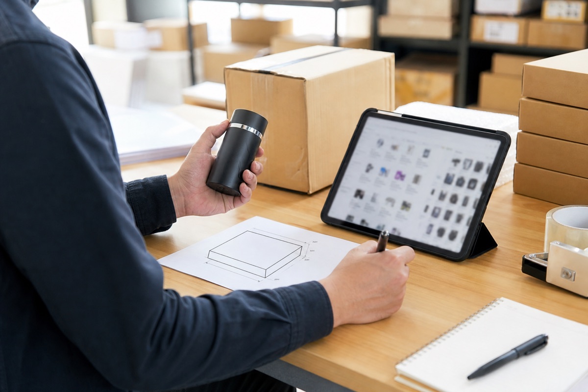 Buyer comparing an unbranded product sample, carton dimensions and a generic wholesale reference