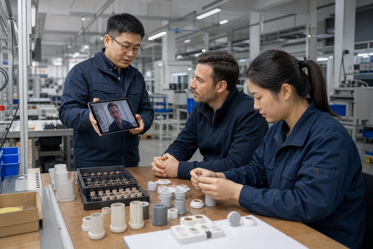 China factory supervisor showing an overseas buyer a video call beside unbranded product parts on a light-manufacturing workbench