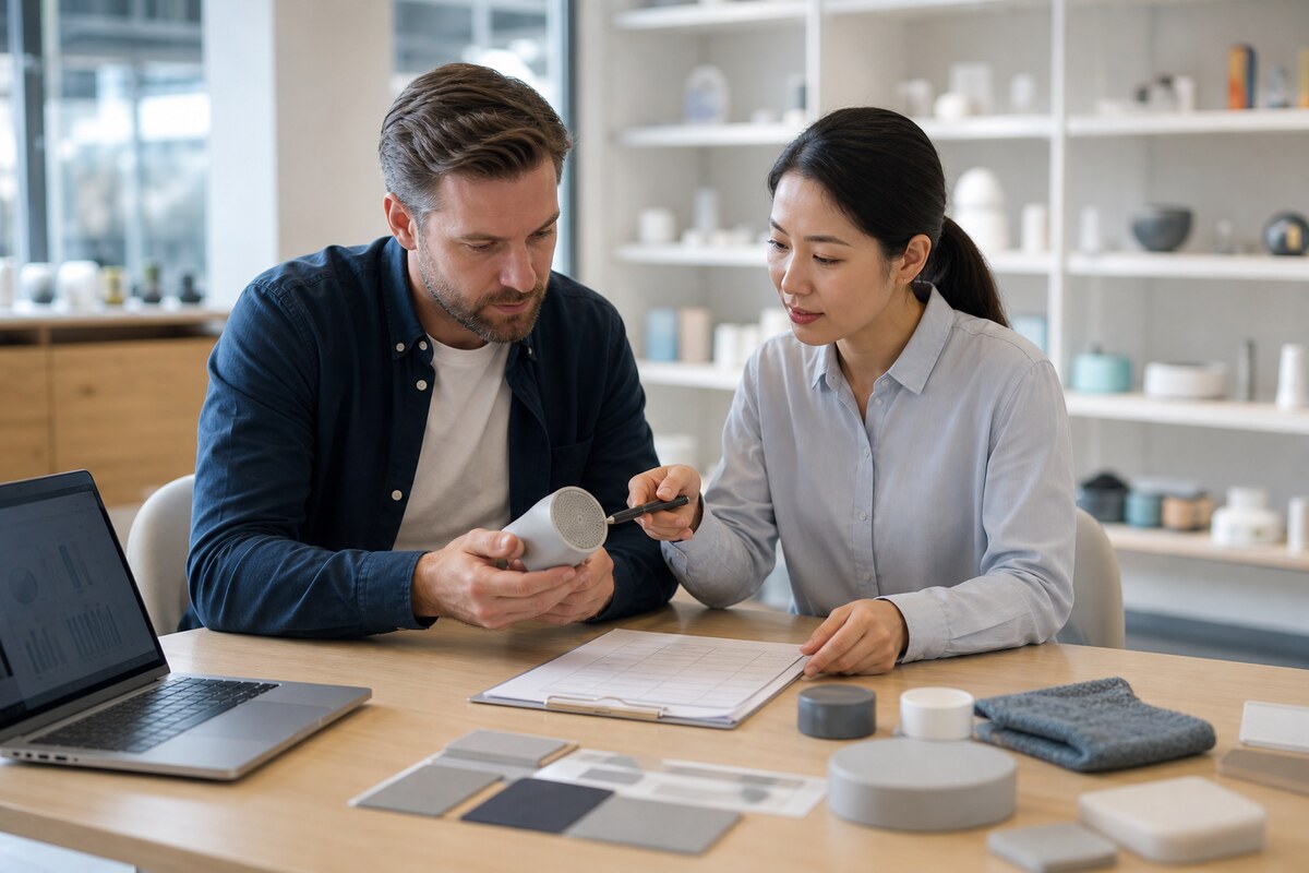 Overseas buyer and China sourcing coordinator reviewing an unbranded consumer product sample, material swatches and a blank technical checklist