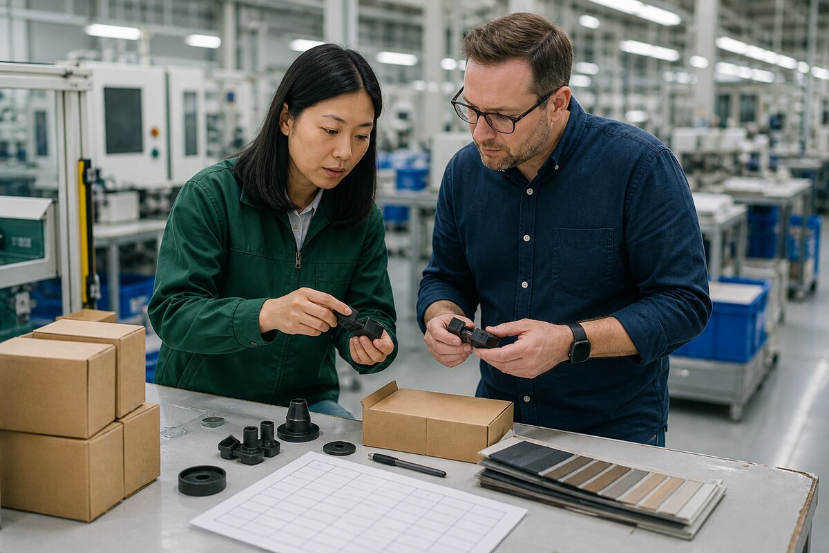 China production coordinator and overseas buyer checking unbranded product components, carton samples and material swatches at a factory workbench