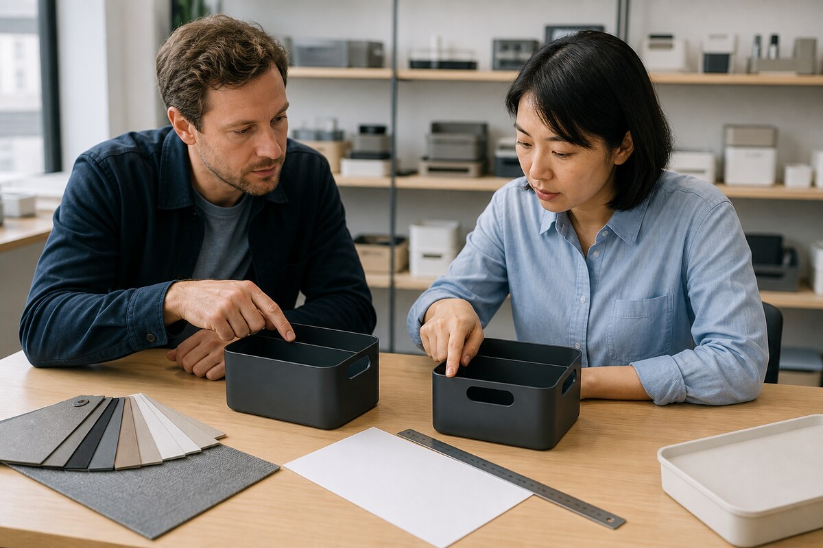 Overseas buyer and China product coordinator comparing two unbranded storage-box samples with material swatches, a ruler and a blank feedback sheet