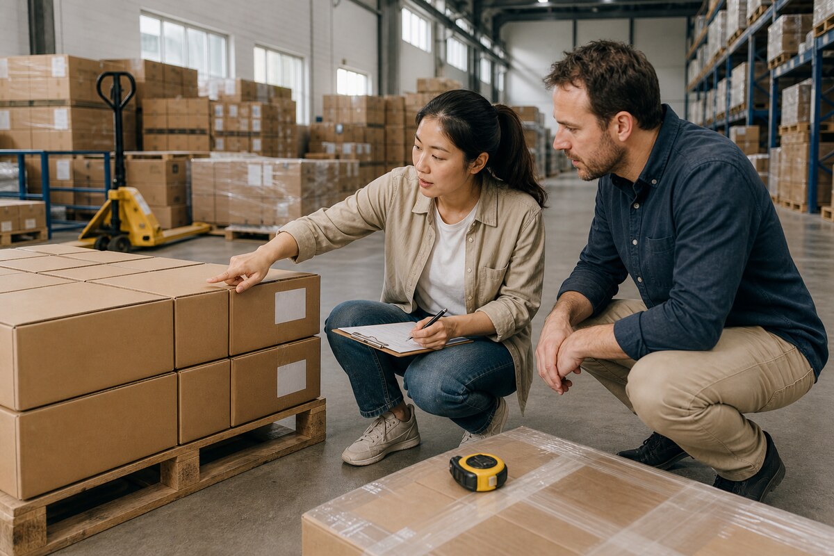 Warehouse coordinator and overseas buyer confirming unbranded cartons and handover details beside a pallet
