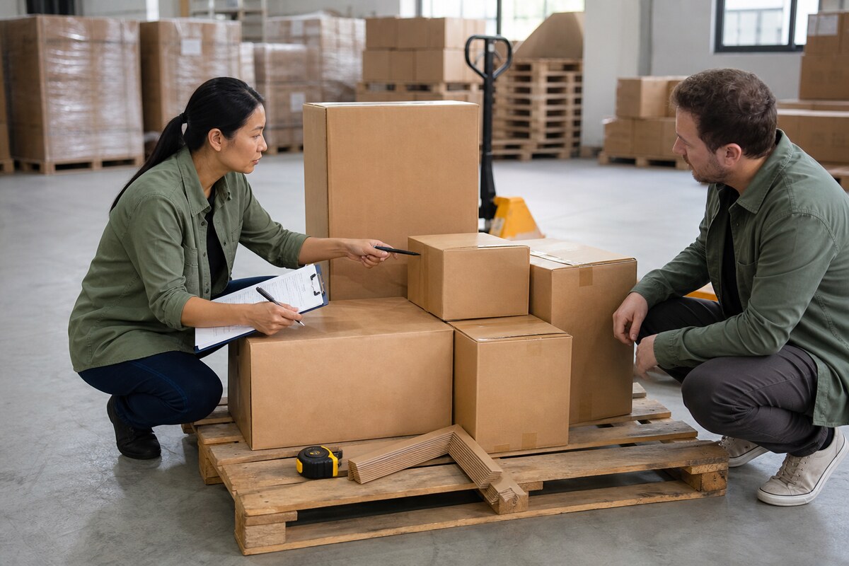 Warehouse coordinator and buyer checking unbranded cartons on a pallet before consolidated shipping handover