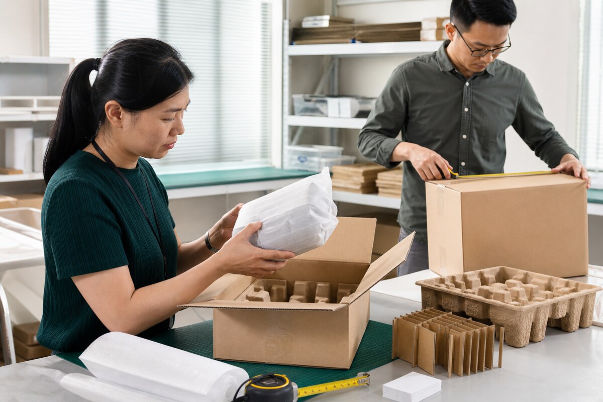 Quality coordinators checking protective product wrapping, carton dividers and plain master carton dimensions