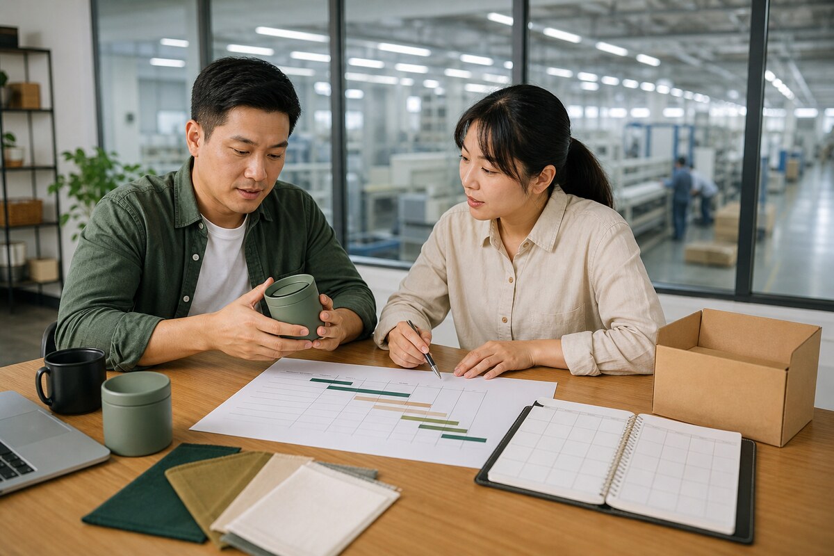 Buyer and production coordinator reviewing a product sample and project milestone plan beside a factory floor