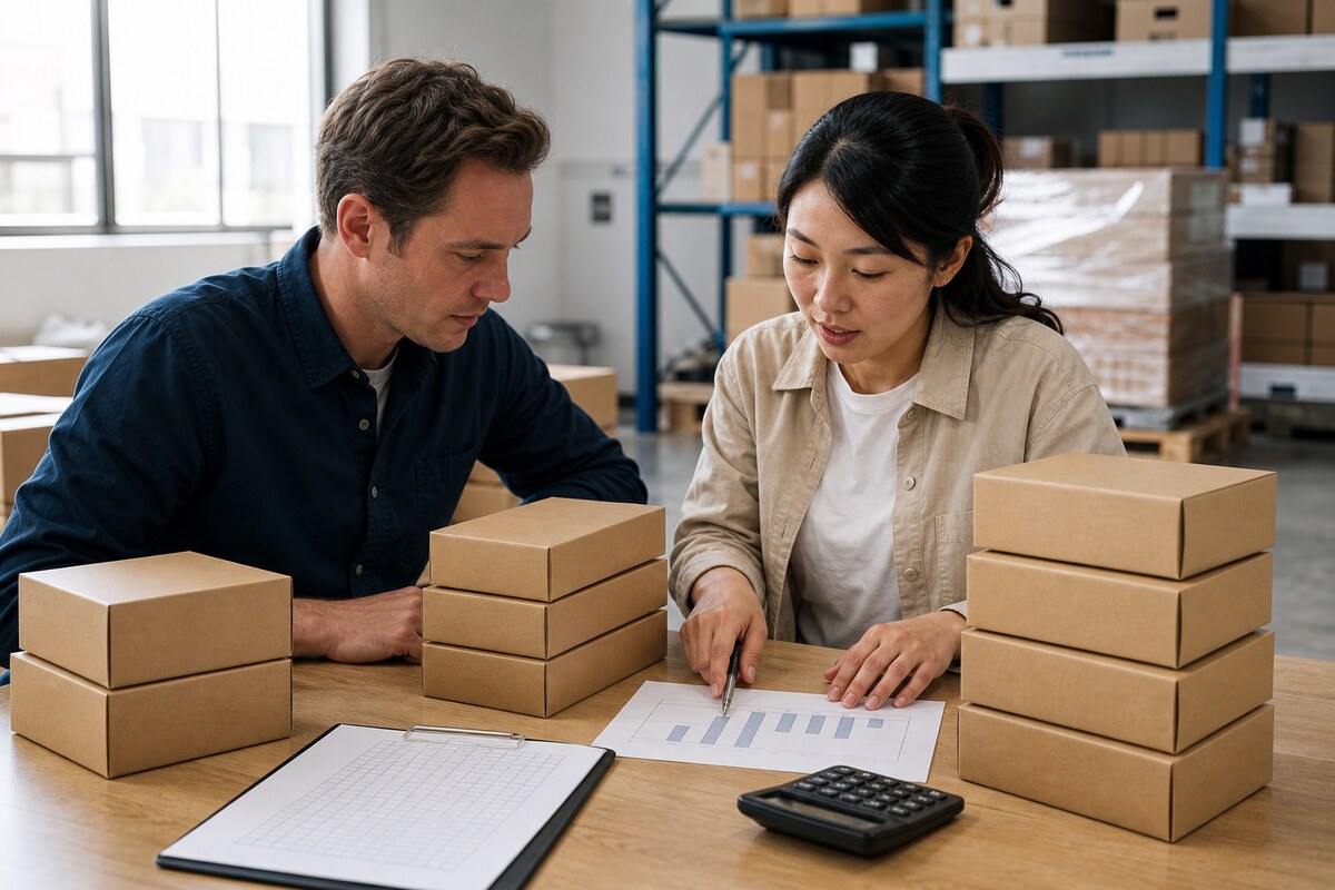 Overseas buyer and China sourcing coordinator comparing plain carton quantities with a calculator and quantity planning sheet