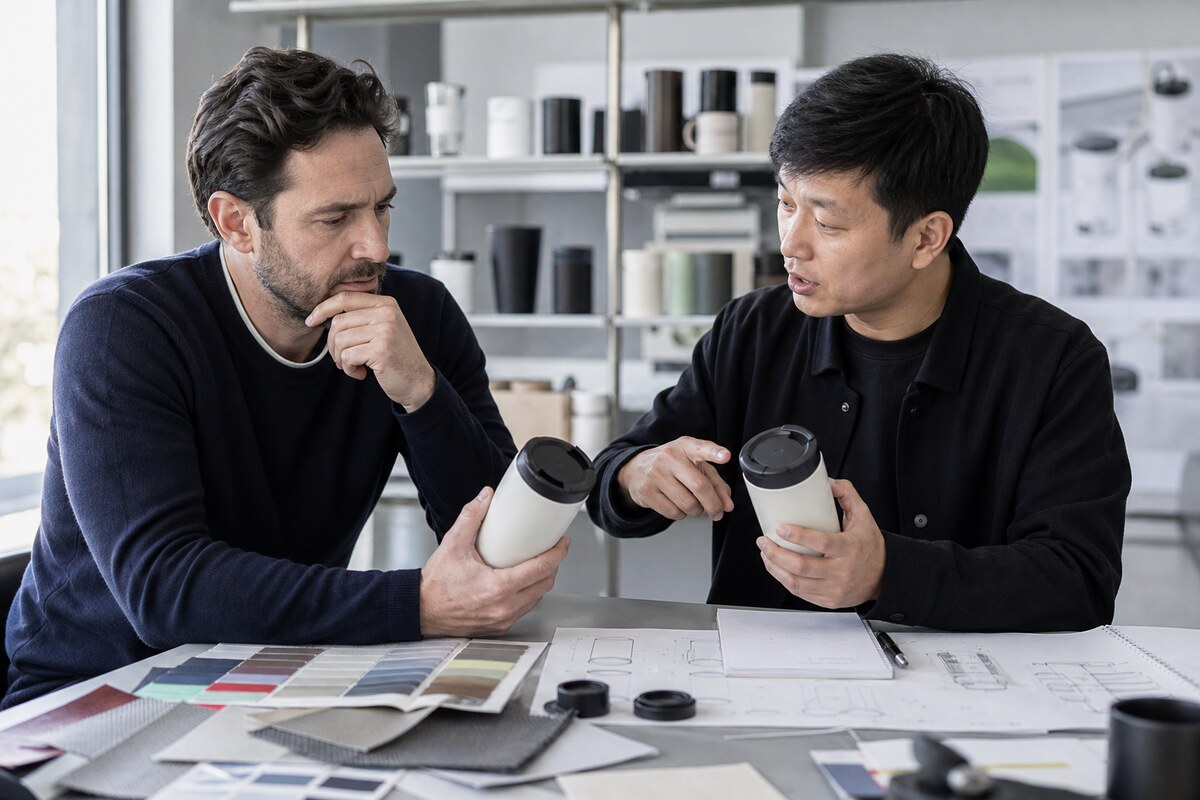 Overseas buyer and China product engineer comparing two unbranded sample cups with material swatches and product change sketches