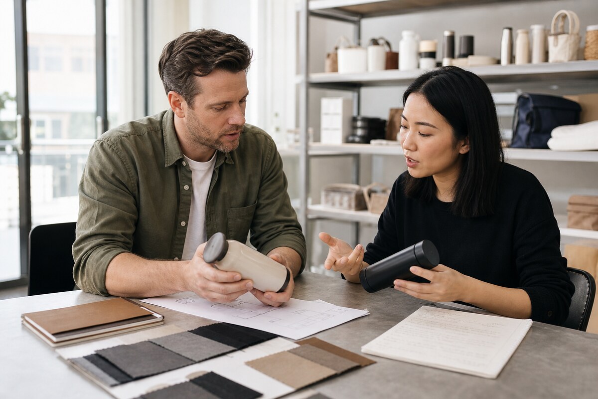 Overseas buyer and China sourcing coordinator comparing unbranded product samples, material swatches and product questions