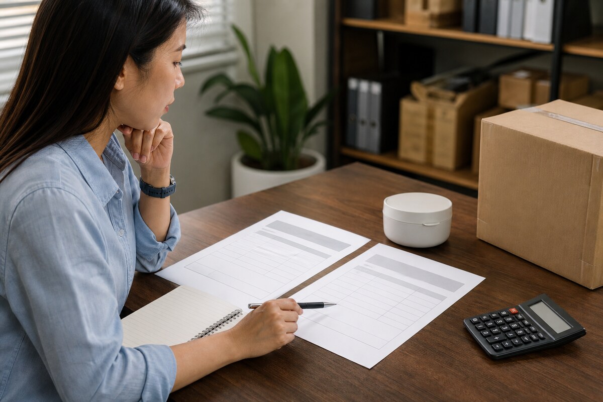 Procurement professional comparing two generic quotation sheets beside an unbranded product sample and carton