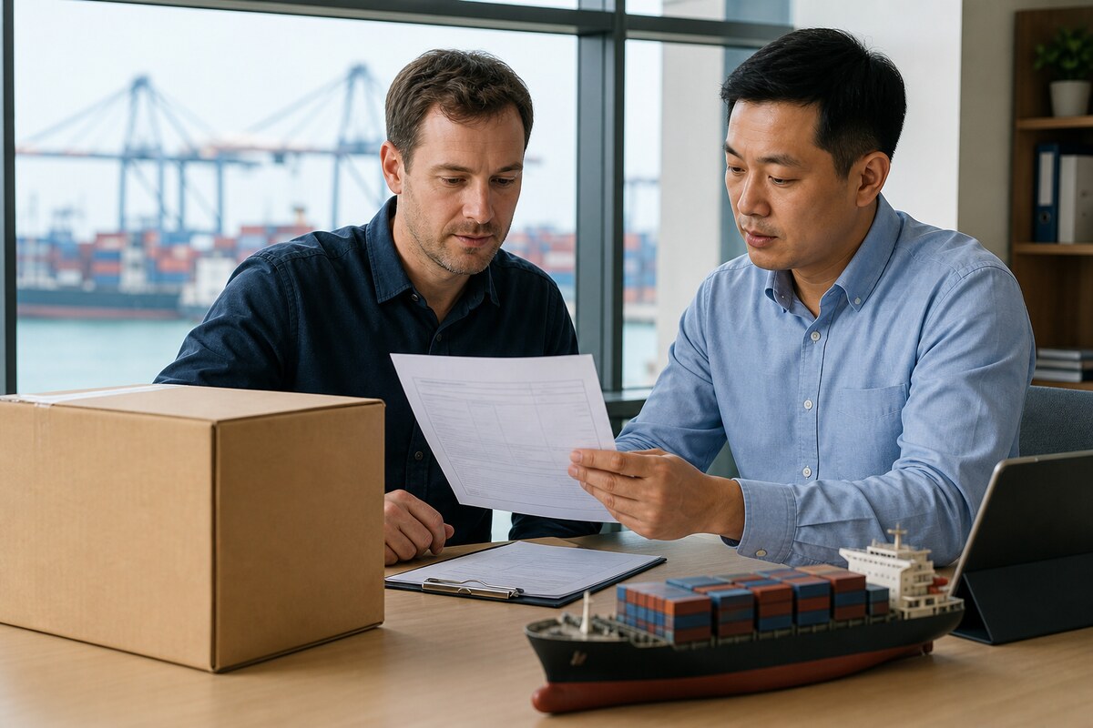 Overseas buyer and freight coordinator reviewing a plain carton and shipping document near a container port