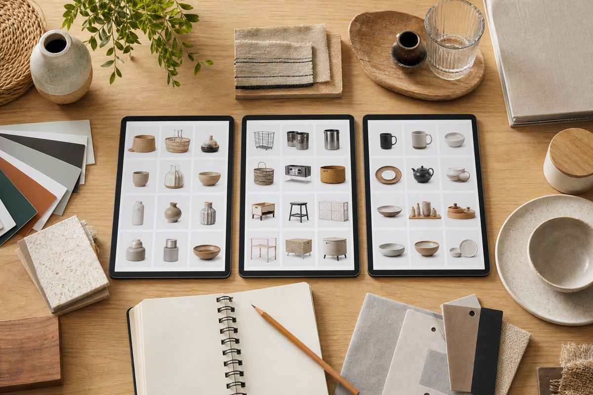 Overhead view of a buyer comparing unbranded product references across three marketplace screens