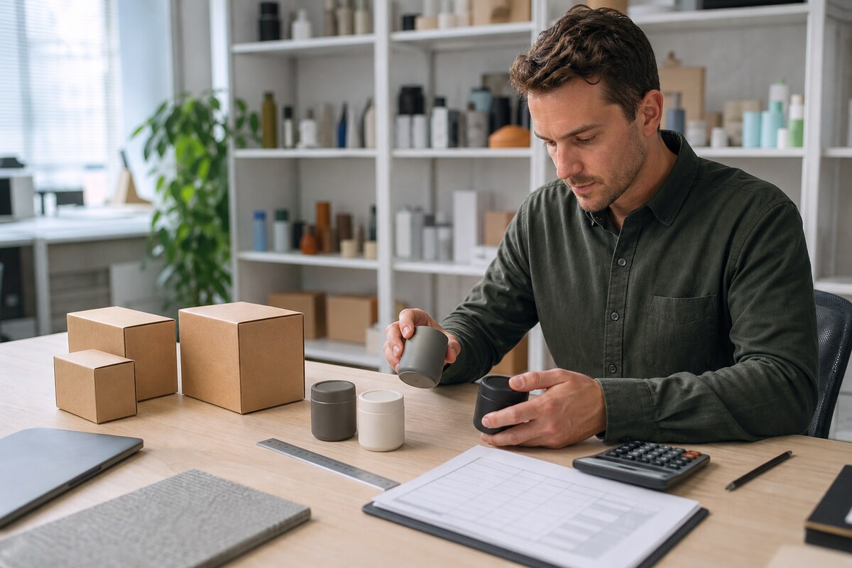 Overseas buyer comparing unbranded product variants, plain cartons and quantity planning materials
