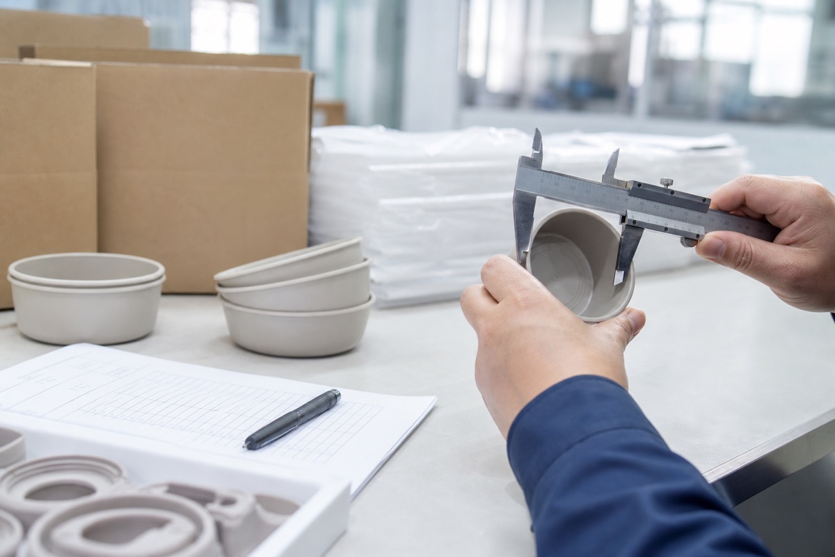 Quality inspector measuring an unbranded product sample with calipers beside packaging samples
