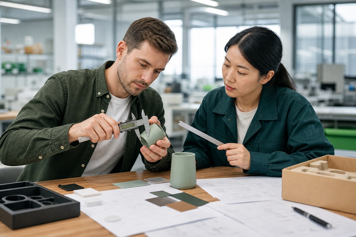 Buyer and product engineer measuring an unbranded sample while reviewing materials and product specification diagrams