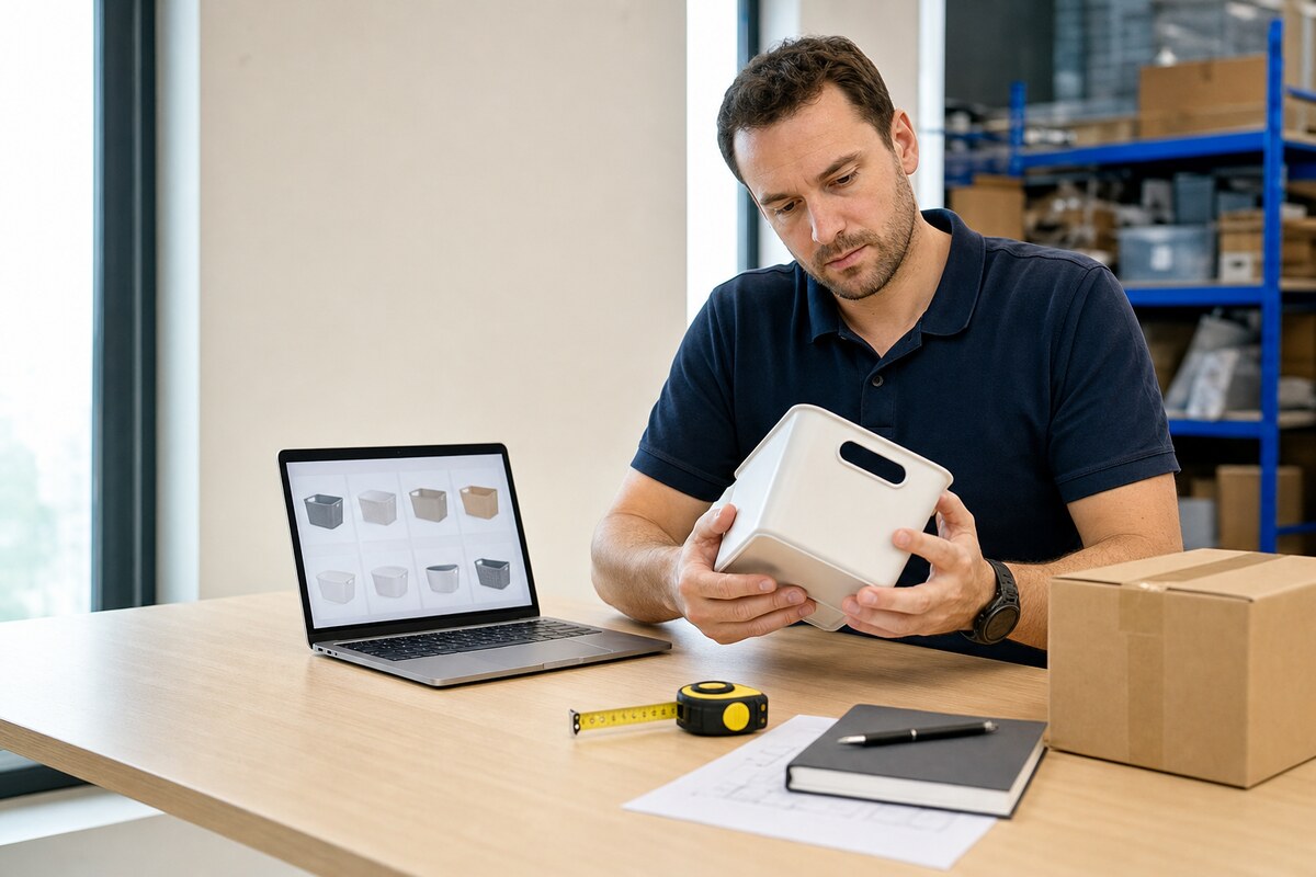 Overseas buyer examining an unbranded storage product sample beside a generic product listing and carton