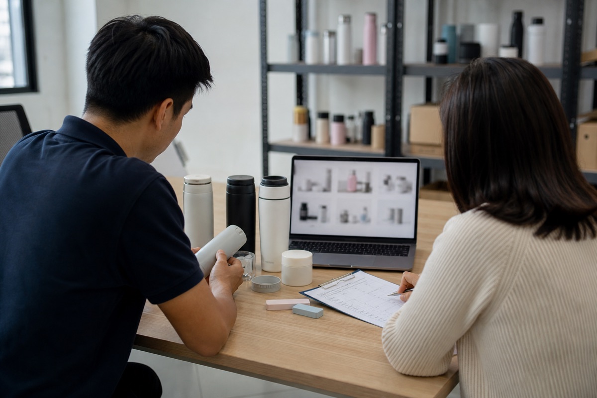 Two procurement professionals comparing unbranded product samples and a generic product reference