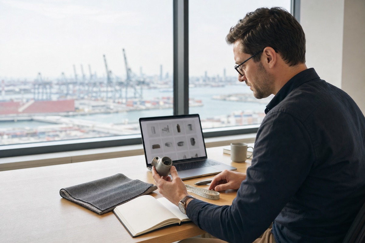 Buyer comparing product samples, a product reference and a sourcing brief near a port