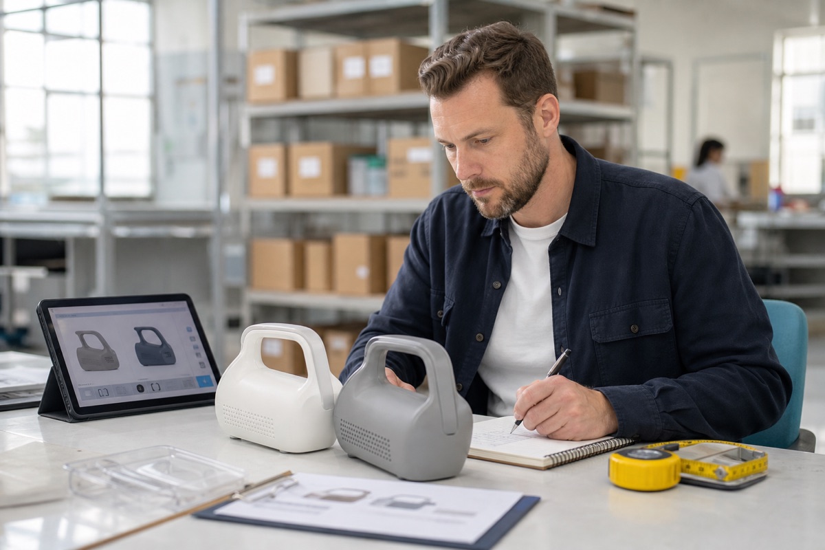 Buyer comparing unbranded product samples with a product reference in a factory workshop