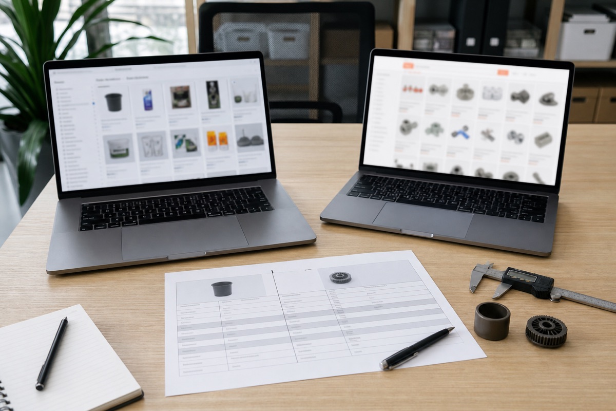 Buyer comparing two unbranded product catalog references with samples and a comparison sheet