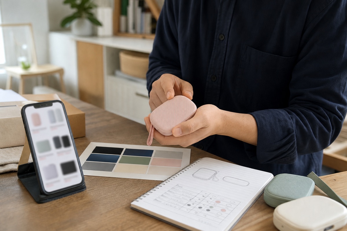 Buyer checking an unbranded retail product variant beside a generic shopping reference